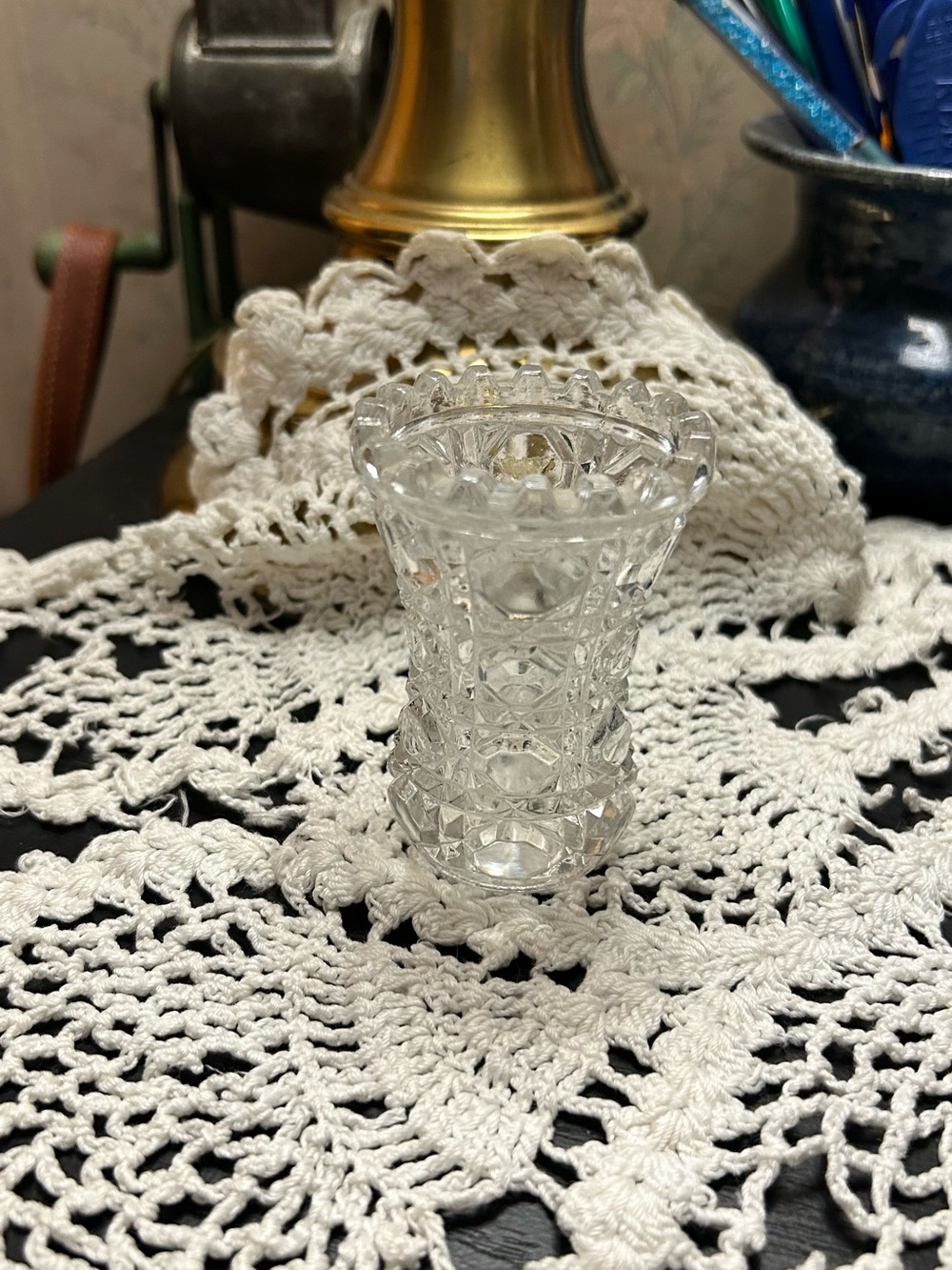 Clear Pressed Glass Toothpick Holder - White Crochet Accent